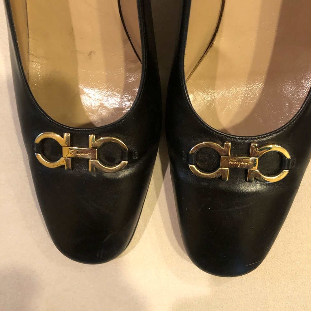 Salvatore Ferragamo Black Leather Heels with Gold Hardware